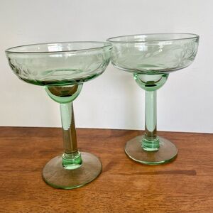 Bobby Flay Hand-Blown Etched Green Glass Margarita Glasses Set of 2